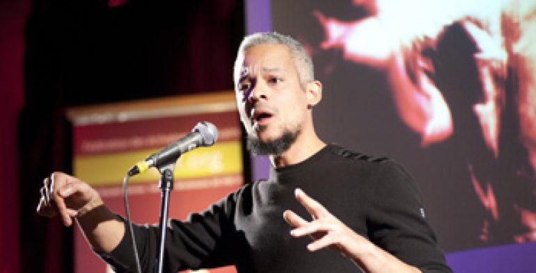 Animated man talking into microphone